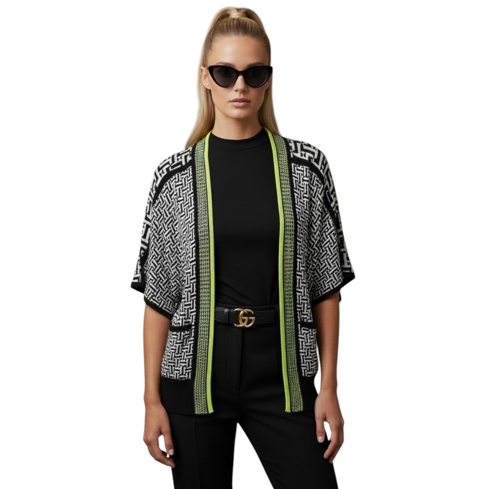 Spanner Oversized XS Geometric Knit Open Front Cardigan Black White Neon Lime